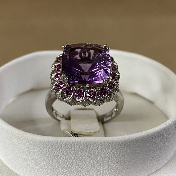 JTV Jewelry - Cushion Purple Fluorite & Rhodolite Garnet‎ Sterling Silver 925 Ring Halo Sz 9